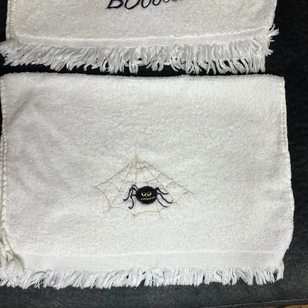 Set Of 2 White Embroidered BOO Spider Web Kitchen Dish or Hand Towels Halloween